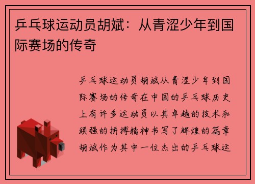 乒乓球运动员胡斌：从青涩少年到国际赛场的传奇